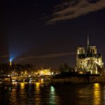 Kathedrale Notre-Dame in Paris bei Nacht, beleuchtet mit dem Eiffelturm im Hintergrund.