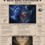 Mit Schlagzeile „Die Tagesprophezeihung“ und „Mein Herz-Universum“: Gedanken, Fragen und Antworten in beige-blauem Layout, mit herzförmigen Symbolen.