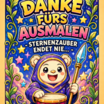 Bunte Ausmalseite mit dem Spruch „DANKE FÜR'S AUSMALEN“ und „STERNE NZAUBER ENDET NIE“: fröhliche Engelpolizistin, blau, lila, gold