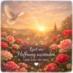 Rote Rosen im warmen Sonnenlicht, eine Taube im Flug und der Schriftzug „Lasst uns Hoffnung aussenden. Leise. Echt. Mit Herz.“