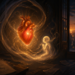 Im dunklen Raum schwebt ein goldes Lichtherz, Kerzenlicht und Linien aus Licht formen Gefühle, daneben ein stiller Katzenumriss und handschriftliche Worte.