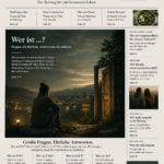Auf dem Magazin „EVE“ steht „Wer ist … ?“ mit Text über Identität, Suche und Antworten, begleitet von Abendstimmung und einem offenen Weg.