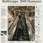 „Zeitung Eve“ mit der Headline „Rolltreppe 2000 Hannover“, darunter „Der spannende Aufstieg“ zwischen Neugier, Mut und Musik.