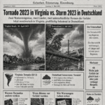 Schwarz-weiß Zeitung „Zeitung EVE“ mit der Schlagzeile „Tornado 2023 in Virginia“ und Verweis auf Virginia Beach, 30. April 2023.