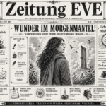 Schwarz-weißes Magazincover der Zeitung EVE mit der Überschrift „WUNDER IM MORGENMANTEL!“ und einer Frau zwischen Naturmotiven, Vögeln und Blumen.