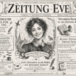 „Zeitung Eve“ mit Eve-Porträt, dekorativer schwarz-weißer Typografie und handschriftig wirkenden Sprüchen, Frieden, Worte und Gedanken.