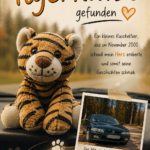 Kuschelige Tigerkatze braun-weiß gestreift mit großen Augen neben einer Polaroid mit Mitsubishi Galant auf einer Landstraße.