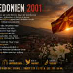 Mazedonien 2001 mit dem Schriftzug „Gedenken“, begleitet von roter Flagge, Blumen und einer brennenden Kerze für Frieden und Erinnerung.