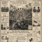 Zeitung EVE mit der Überschrift „Das Rad des Schicksals dreht sich“, ergänzt durch Texte rund um Kirmes, SOS und Engelenergien in vintage sepia.