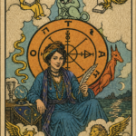 Im Zentrum steht das Rad des Schicksals von Tarot Eve in Blau und Orange, mit Sphinx, Anubis und Zeichen, die Wandel und Zyklen deuten.
