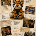 „Das Kennenlernen“ zeigt einen braun gestreiften Plüsch-Tiger, umgeben von Textpassagen über Laura, Sit, ein Lächeln und ein Geburtstagsgeschenk.