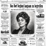 Große Titelseite der „Zeitung EVE“ mit „Rosendorf“ und dem Datum „den 24. Mai 1901“ sowie Textbezügen zu Hiroshima und Frieden.