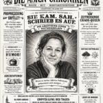 Schwarz-weiße Zeitung im Stil der „Die Asien Chroniken“ mit der Schlagzeile „Sie kam. Sah. schrieb es auf“ und Hinweisen zu Bad Neuenahr, Koblenz und Chaos-Queen.