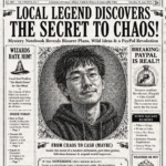 Große Schlagzeile „LOCAL LEGEND DISCOVERS THE SECRET TO CHAOS!“ in „The Daily Miraculist“, schwarz-weiß gedruckt mit Vintage-Zeitungsstil-Details.