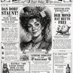 Zeitung EVE mit Porträt von Pearl Haber aus Rosendorf und Schlagzeile „Der Mond hat heute frei“ in schwarz-weißer Vintage-Grafik.