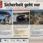 „Sicherheit geht vor“ mit Beiträgen zu Terror in New York 2001, ADAC Handbremse sowie SOS 117 Hochwasser 53474 – Rauchwolken, Hochwasser, schwarz-grauem Auto.