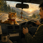 Im Wagen liegt eine Tigerkatze mit Tigerstreifen auf dem Armaturenbrett, während vor der Windschutzscheibe die goldene Abendstimmung über der Straße liegt.