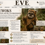 Nebel am Morgen und goldenes Licht im Wald von Endor: Wicket, der Ewok, blickt aufmerksam zwischen Riesenbäumen und Stegen.