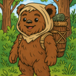 Ein Ewok namens Luma steht im Wald neben einem uralten Baum und hält einen kleinen Korb, umgeben von grünem Blattwerk.