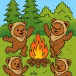 Vier Ewoks tanzen um ein Feuer mit orange Flammen vor grünem Wald auf Endor und bringen durch Freude den Geist kleiner Siege zum Ausdruck.