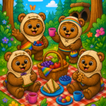 Vier Ewoks feiern im Wald von Endor das Fest der kleinen Siege mit Brot, Beeren und regenbogenfarbenen Tüchern, umgeben von sonnigem Licht.