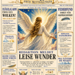 Die Zeitung „Zeitung EVE“ mit goldenen Ornamenten und blauem Himmelsmotiv zeigt Engelsflügel, leise Wunder und eine Botschaft im Layout.