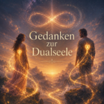 Zwei Menschen blicken sich über ein leuchtendes Tal hinweg an, während goldene Lichtbahnen und ein kosmisches Zeichen Gedanken zur Dualseele symbolisieren.
