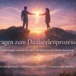Zwei Silhouetten reichen sich auf Felsen im Licht der Abenddämmerung die Hand, während der Text Fragen zum Dualseelenprozess den Seelenweg aufgreift.