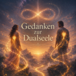 In goldener Nacht stehen Frau und Mann einander gegenüber, während Gedanken zur Dualseele und ein leuchtender Pfad ihre Verbindung betonen.