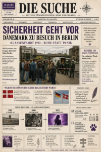 Die Titelseite von DIE SUCHE zeigt den Sicherheitsbesuch aus Dänemark in Berlin mit einer Schülergruppe.