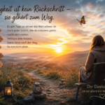 Eine Frau sitzt am Wegesrand vor einem goldenen Sonnenuntergang, daneben weisen Holzschilder zu Sehnsucht und Vertrauen.