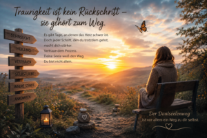 Eine Frau sitzt am Wegesrand vor einem goldenen Sonnenuntergang, daneben weisen Holzschilder zu Sehnsucht und Vertrauen.