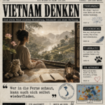 Unter der großen Schlagzeile Vietnam Denken sitzt eine Frau am Fenster und blickt auf Reisfelder, Fluss und Berge.