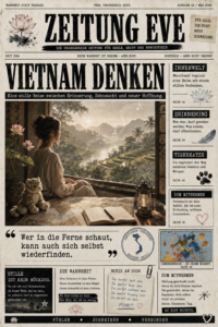 Unter der großen Schlagzeile Vietnam Denken sitzt eine Frau am Fenster und blickt auf Reisfelder, Fluss und Berge.