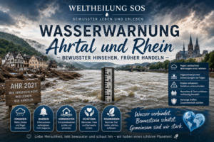 Hochwasser im Ahrtal und am Rhein mit steigendem Pegel, Warnsymbolen und Hinweisen zum bewussten Handeln