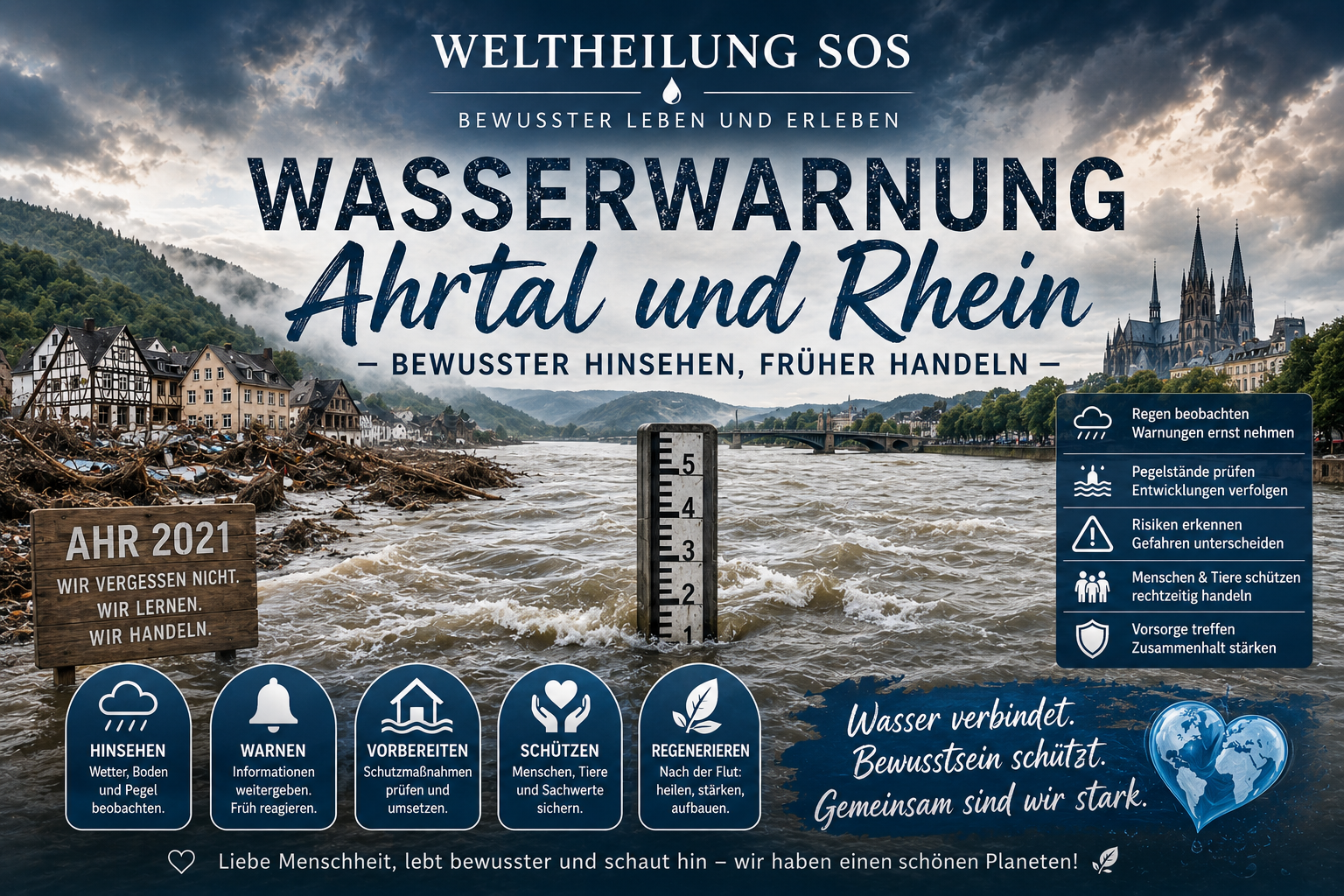 Hochwasser im Ahrtal und am Rhein mit steigendem Pegel, Warnsymbolen und Hinweisen zum bewussten Handeln
