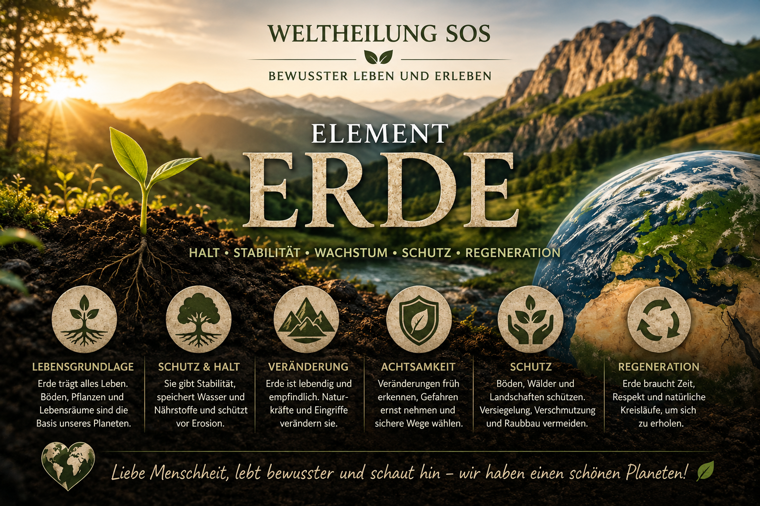 Berglandschaft mit blühender Erde, junger Pflanze und Globus zum Thema Weltheilung SOS und Element Erde