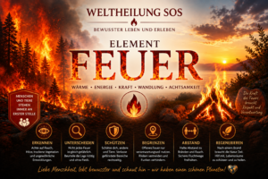 Eine Feuerlandschaft mit Waldbrand und Lagerfeuer illustriert das Element Feuer sowie Wärme, Energie, Kraft und Wandlung.