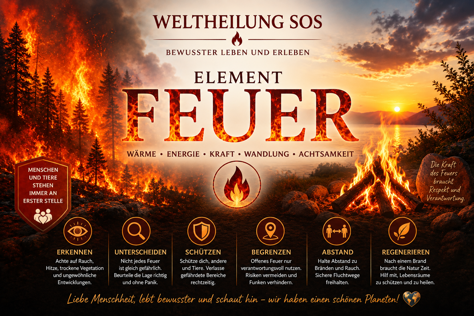 Eine Feuerlandschaft mit Waldbrand und Lagerfeuer illustriert das Element Feuer sowie Wärme, Energie, Kraft und Wandlung.
