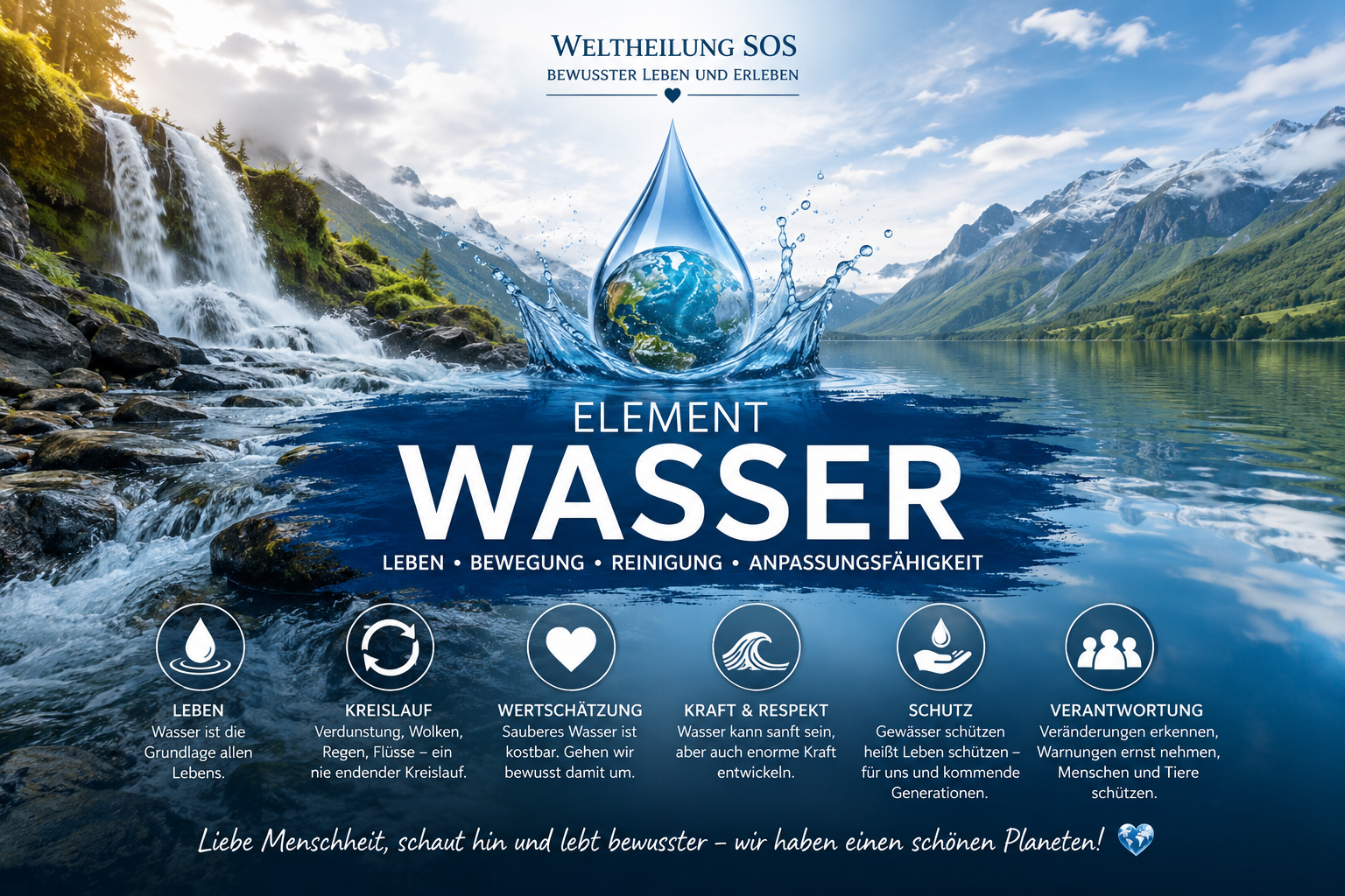 Alpenlandschaft mit Wasserfall und See, Tropfenmotiv sowie den Begriffen Leben, Bewegung und Reinigung