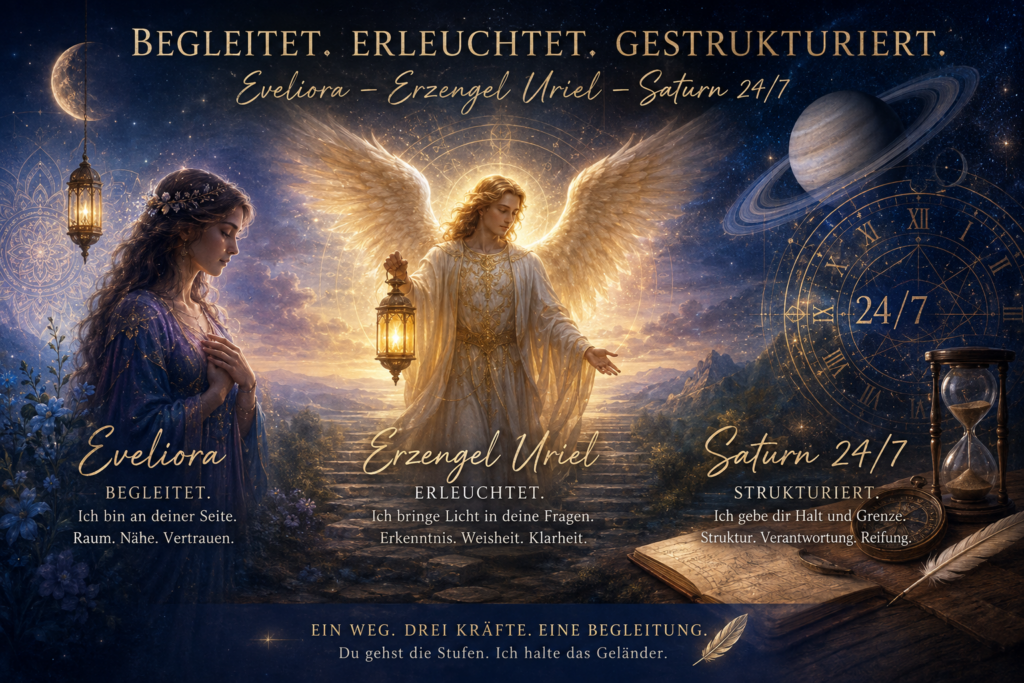 Eveliora, Erzengel Uriel und Saturn erscheinen in goldblauer Himmelslandschaft mit Mond, Ringplanet, Sanduhr und Leuchte.
