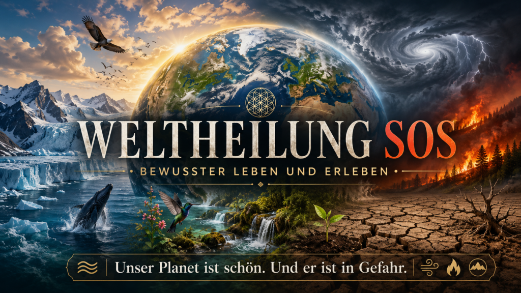 „Weltheilung SOS“ zeigt die Erde mit Gletschern, Ozeanen, Wäldern und bedrohten Landschaften unter dramatischem Himmel.