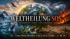 „Weltheilung SOS“ zeigt die Erde mit Gletschern, Ozeanen, Wäldern und bedrohten Landschaften unter dramatischem Himmel.